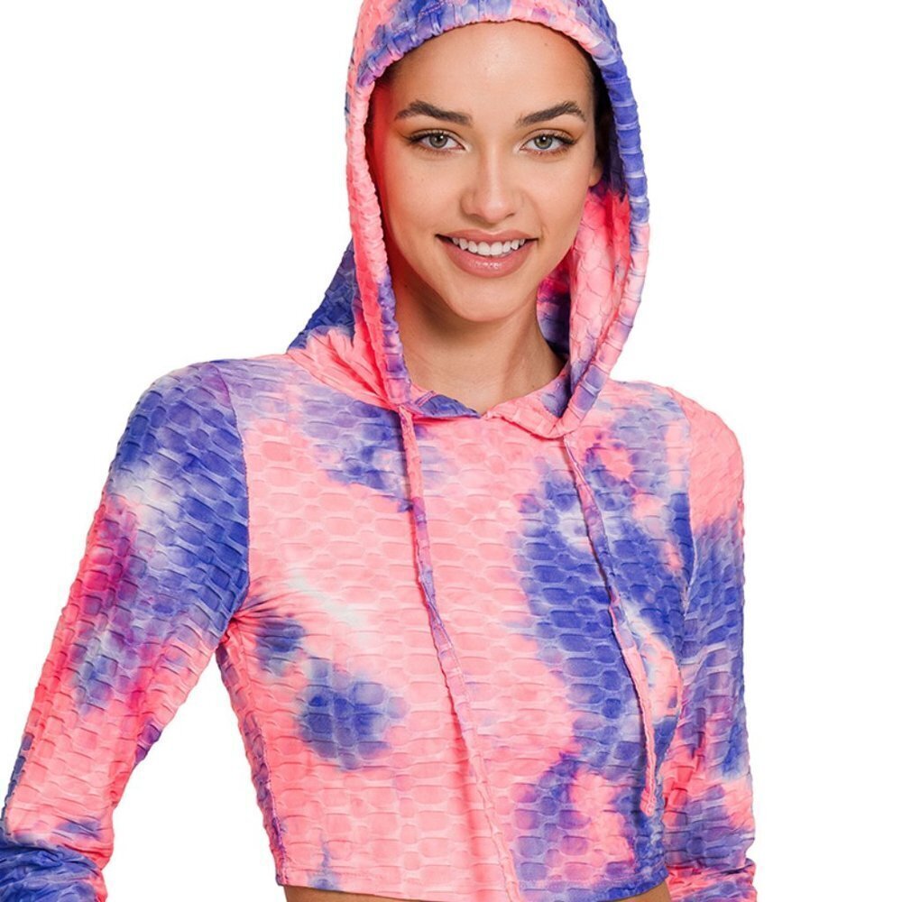 Zenana Pink Blue Tie Dye Cropped Hoodie Stretch Athleisure Top NWT - Picture 4 of 8